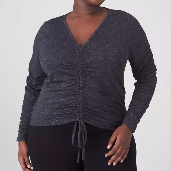 Lane Bryant Fitted Ruched-Sleeve Drawcord-Front Tee Size 22/24  (3X) - Picture 1 of 7